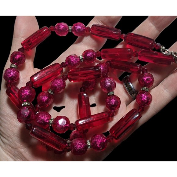 Vintage Pink And Red Beaded Statement Necklace - Picture 4 of 10